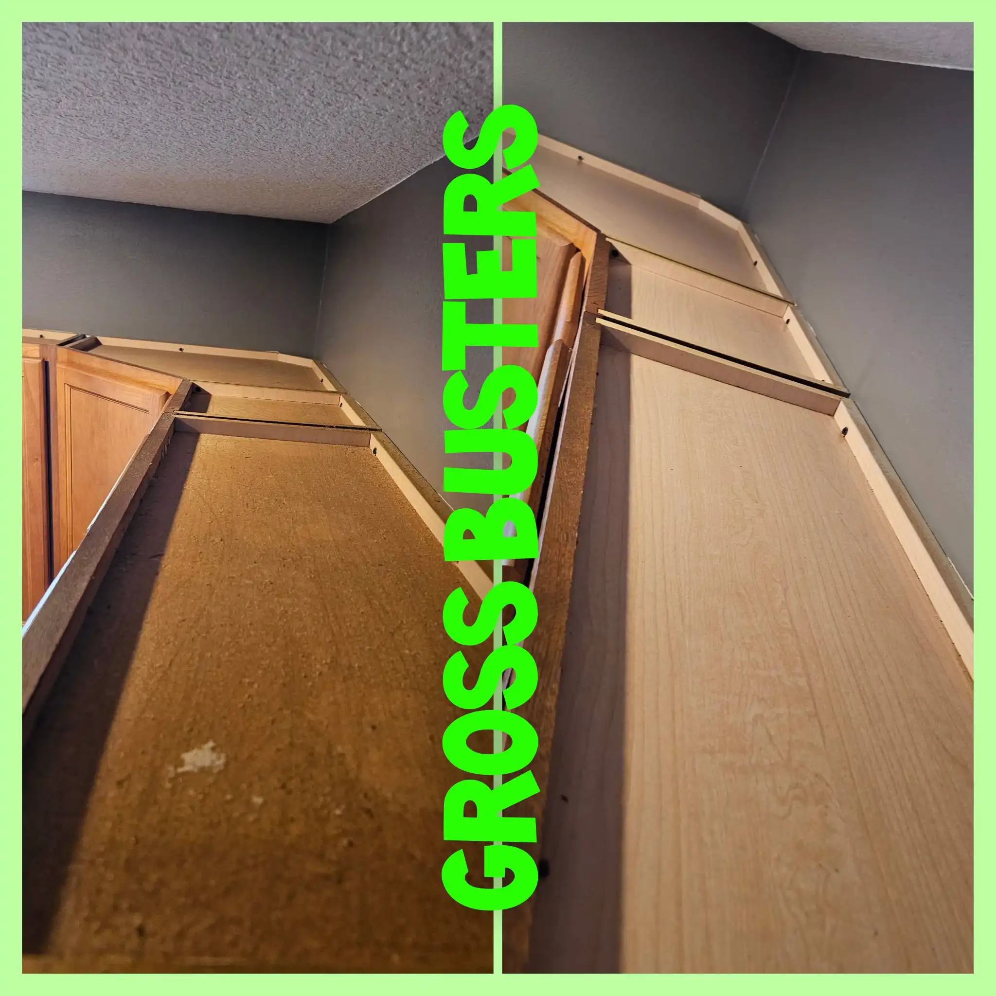 Before and after image of the same unclean and clean wood cabinets.