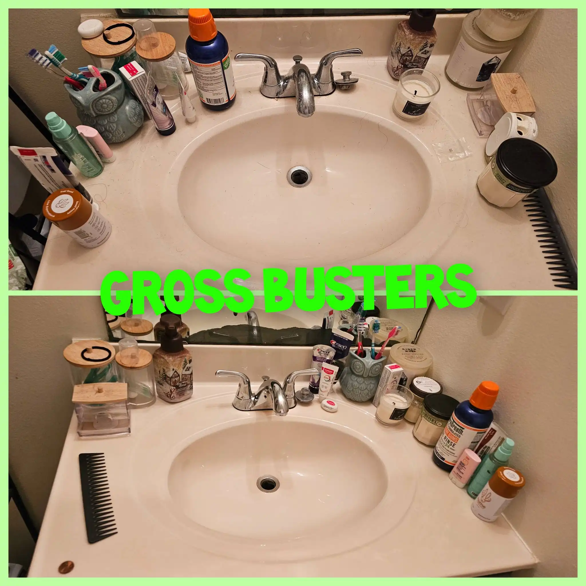 Before and after image of the same unclean and clean shower sink.