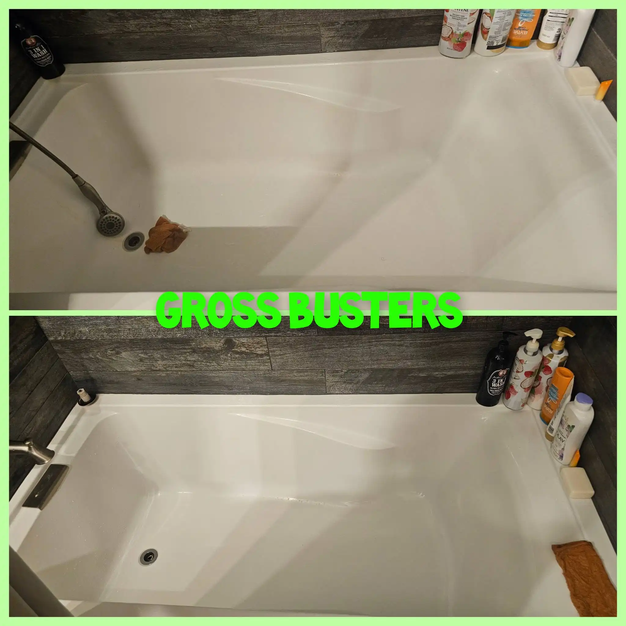 Before and after image of the same unclean and clean shower sink.