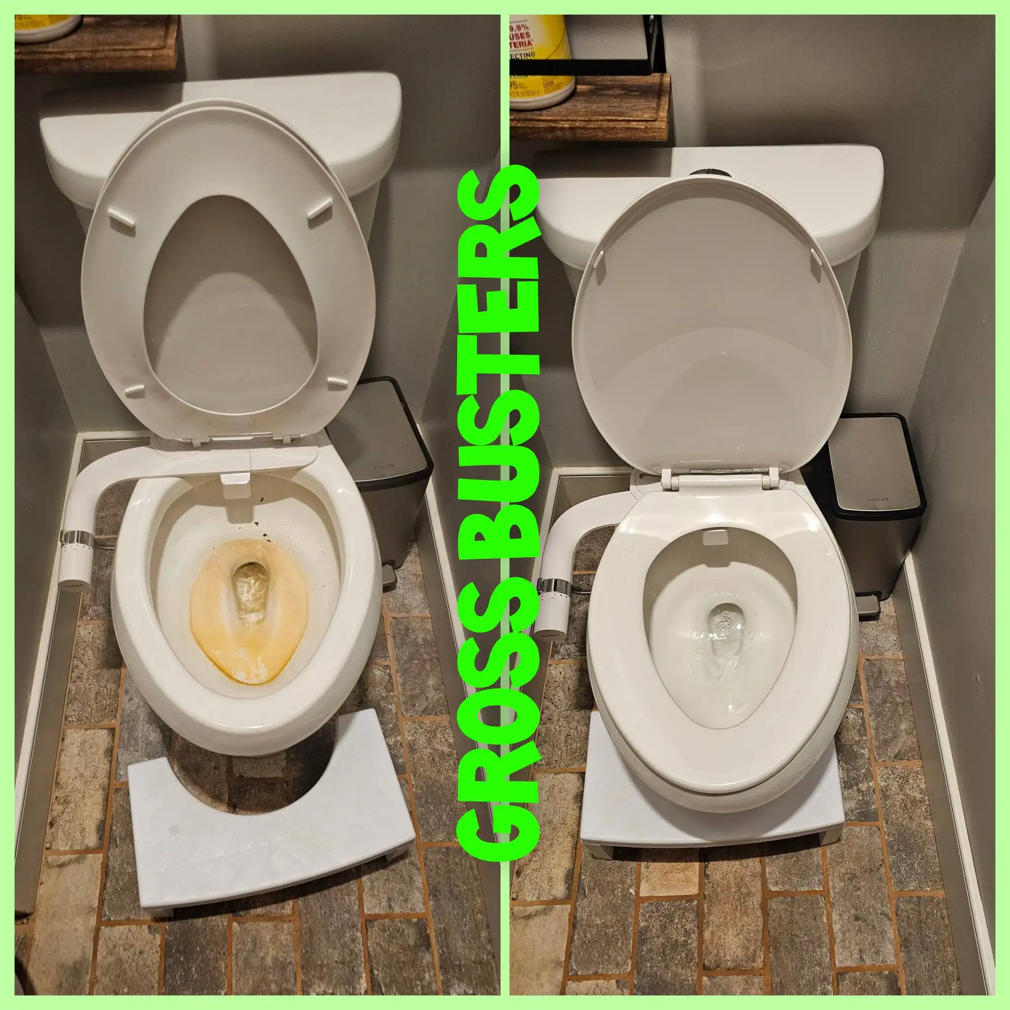 Before and after image of the same unclean and clean bathroom toilet.