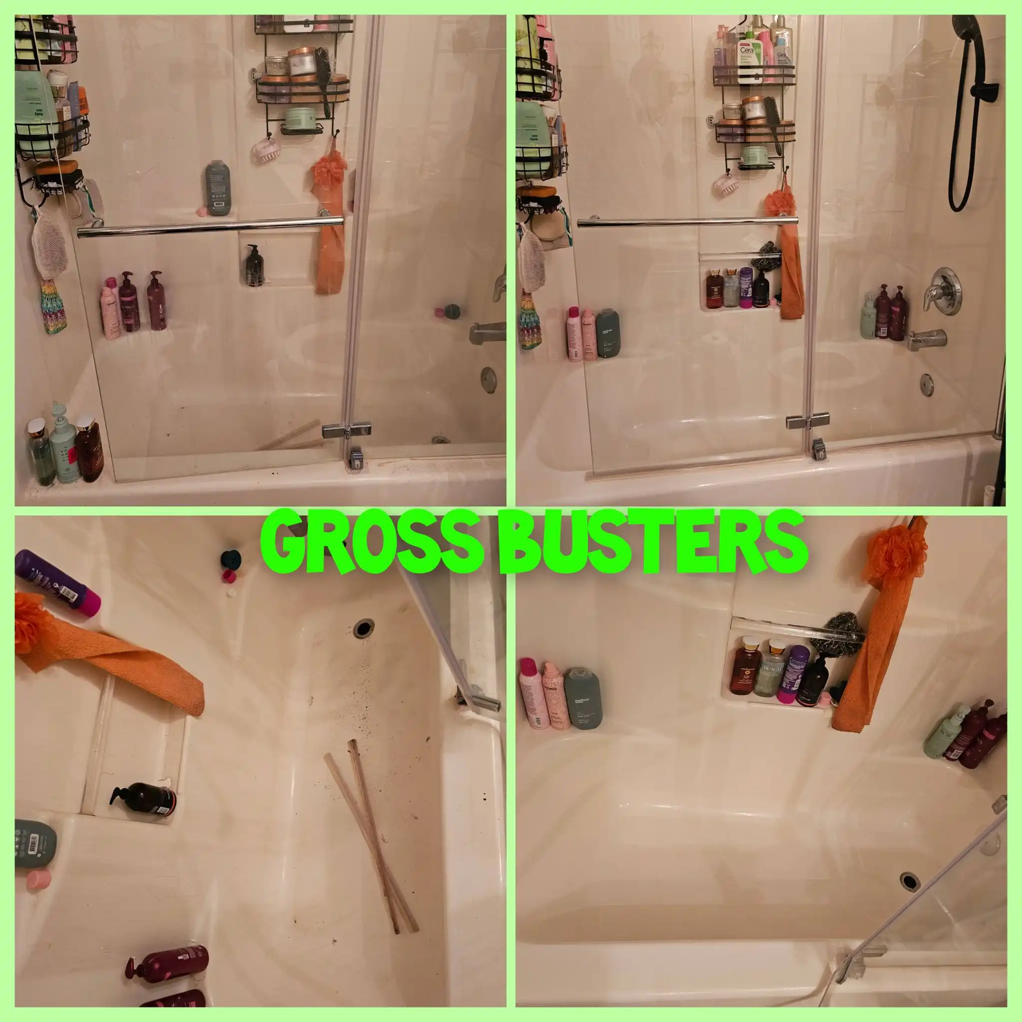 Before and after image of the same unclean and clean shower.