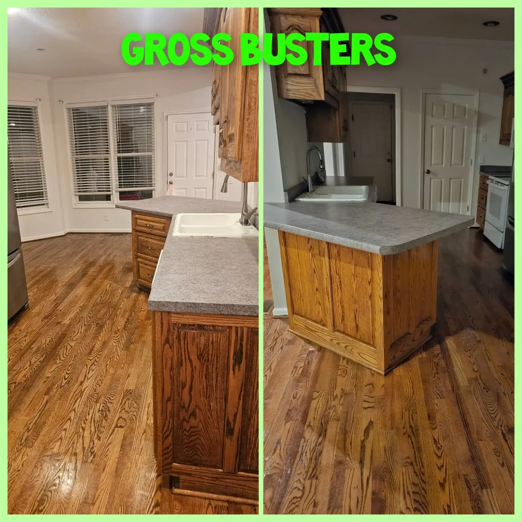 Before and after image of a clean kitchen with vinyl planks for flooring and quartz countertop kitchen island.