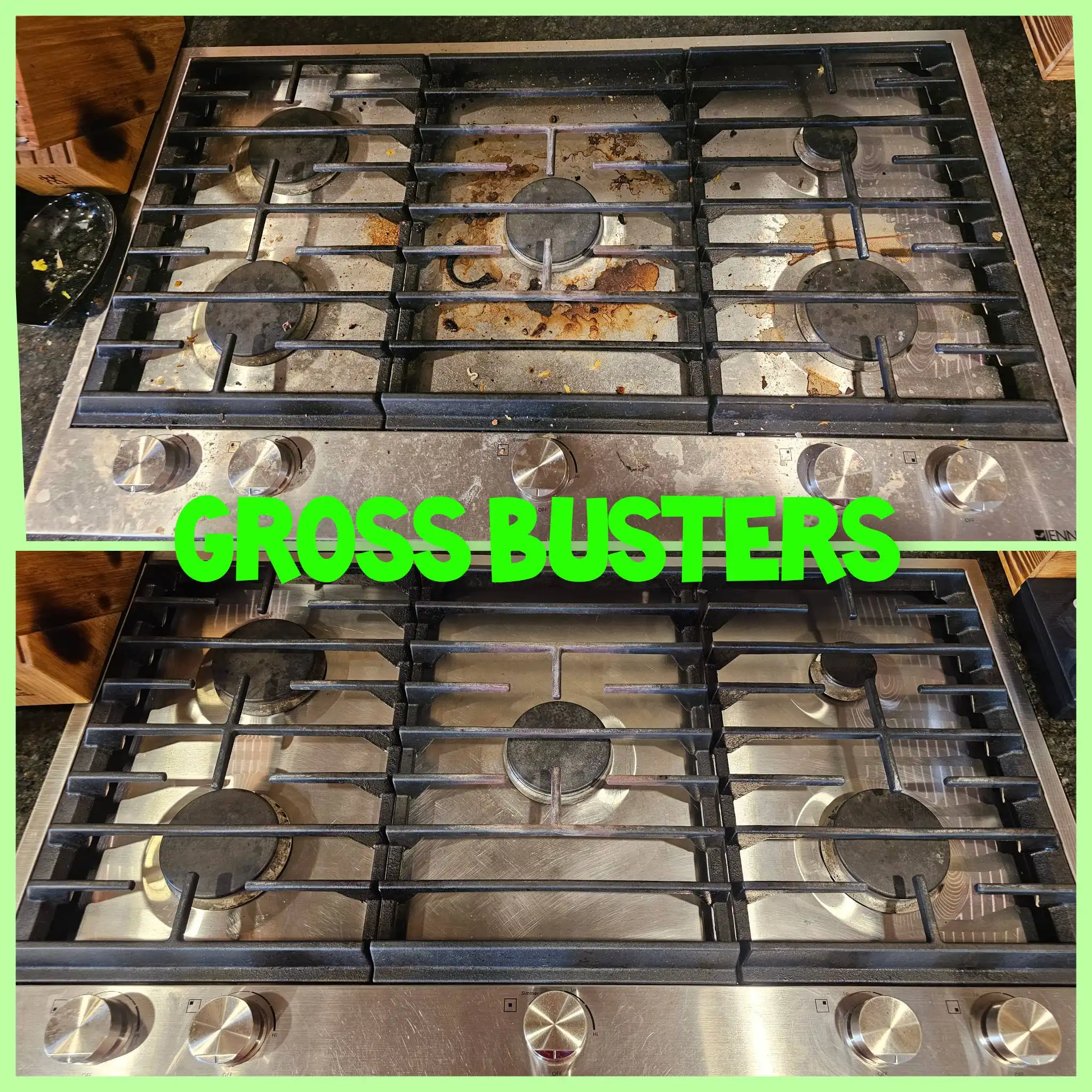 Before and after image of the same unclean and clean black stovetop.