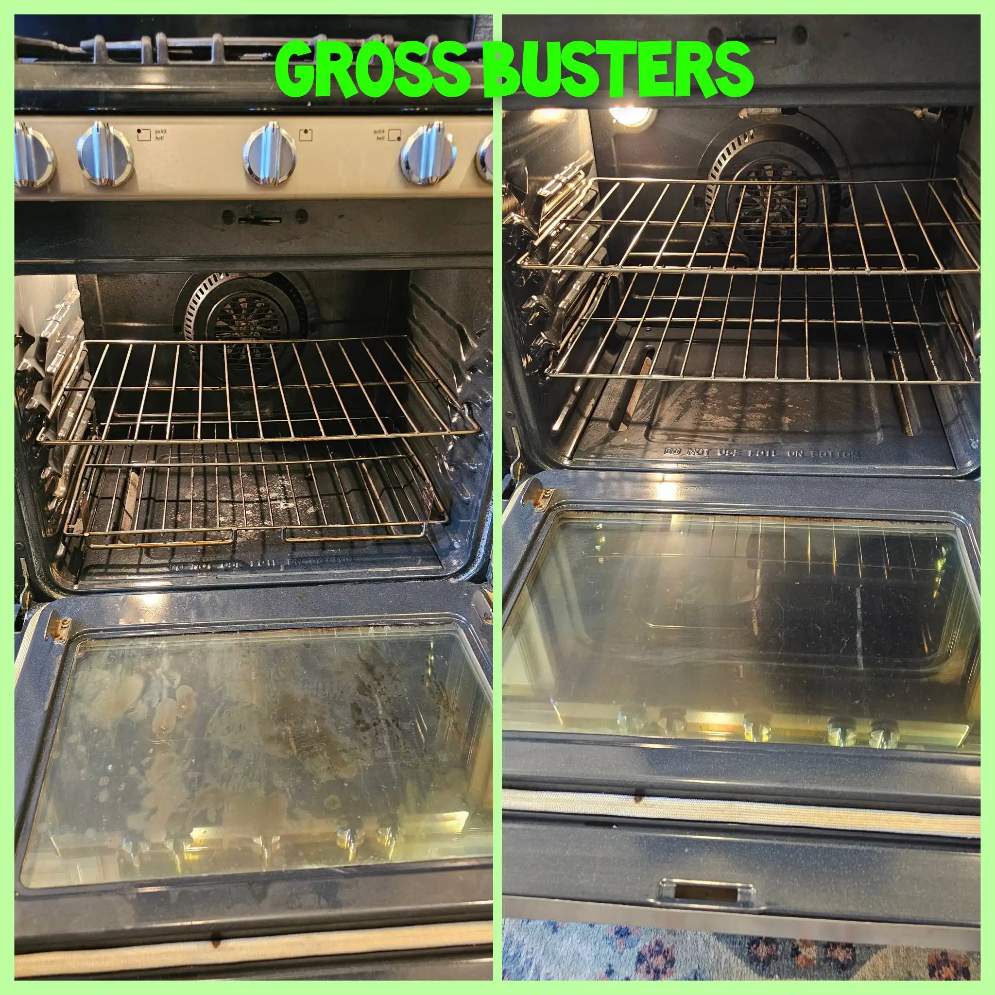Before and after image of the same unclean and clean black stove interior.