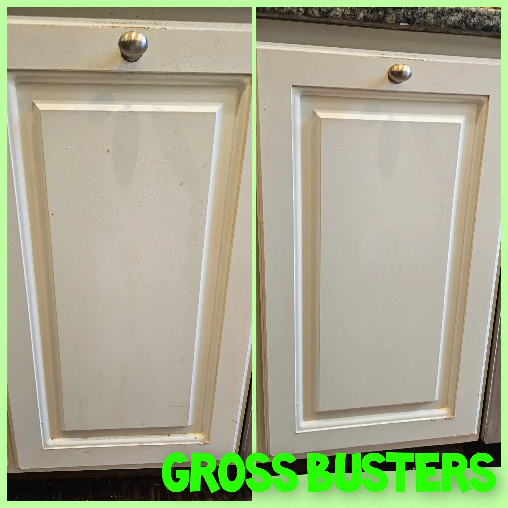 Before and after image of the same unclean and clean white cabinets.