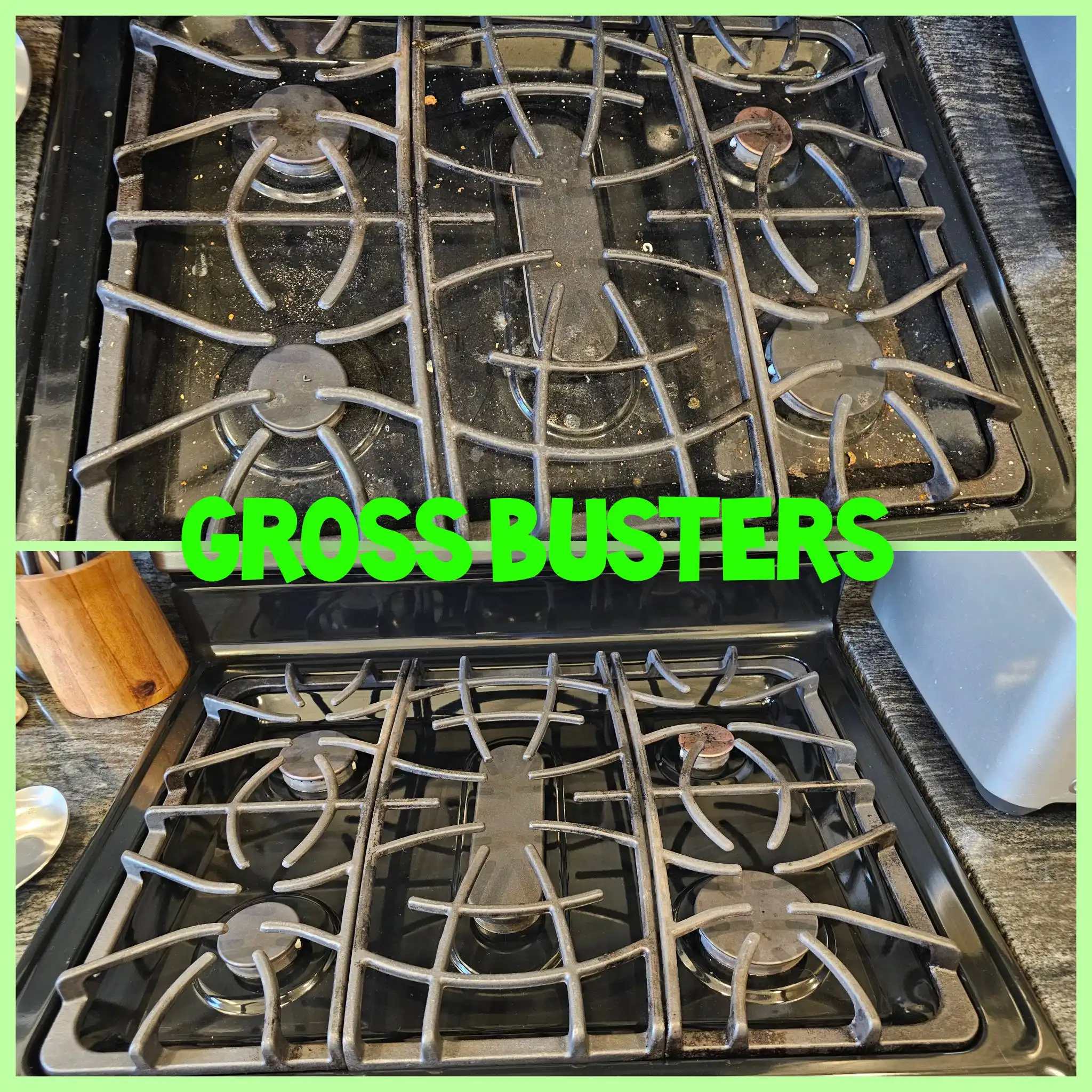 Before and after image of the same unclean and clean black stovetop.
