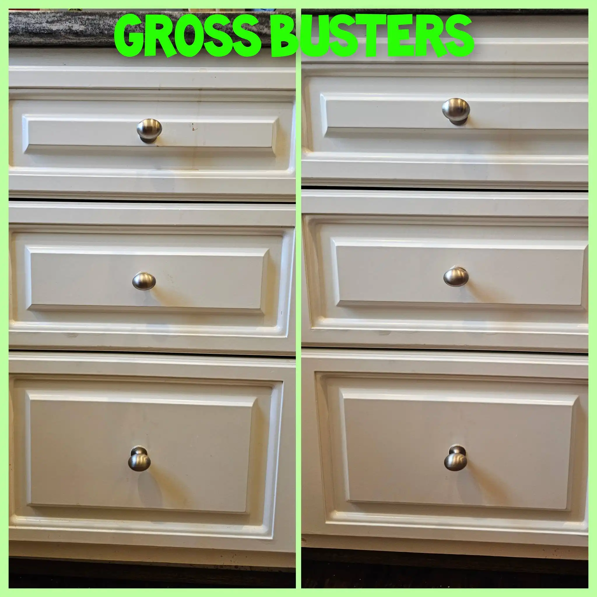 Before and after image of the same unclean and clean white cabinets.
