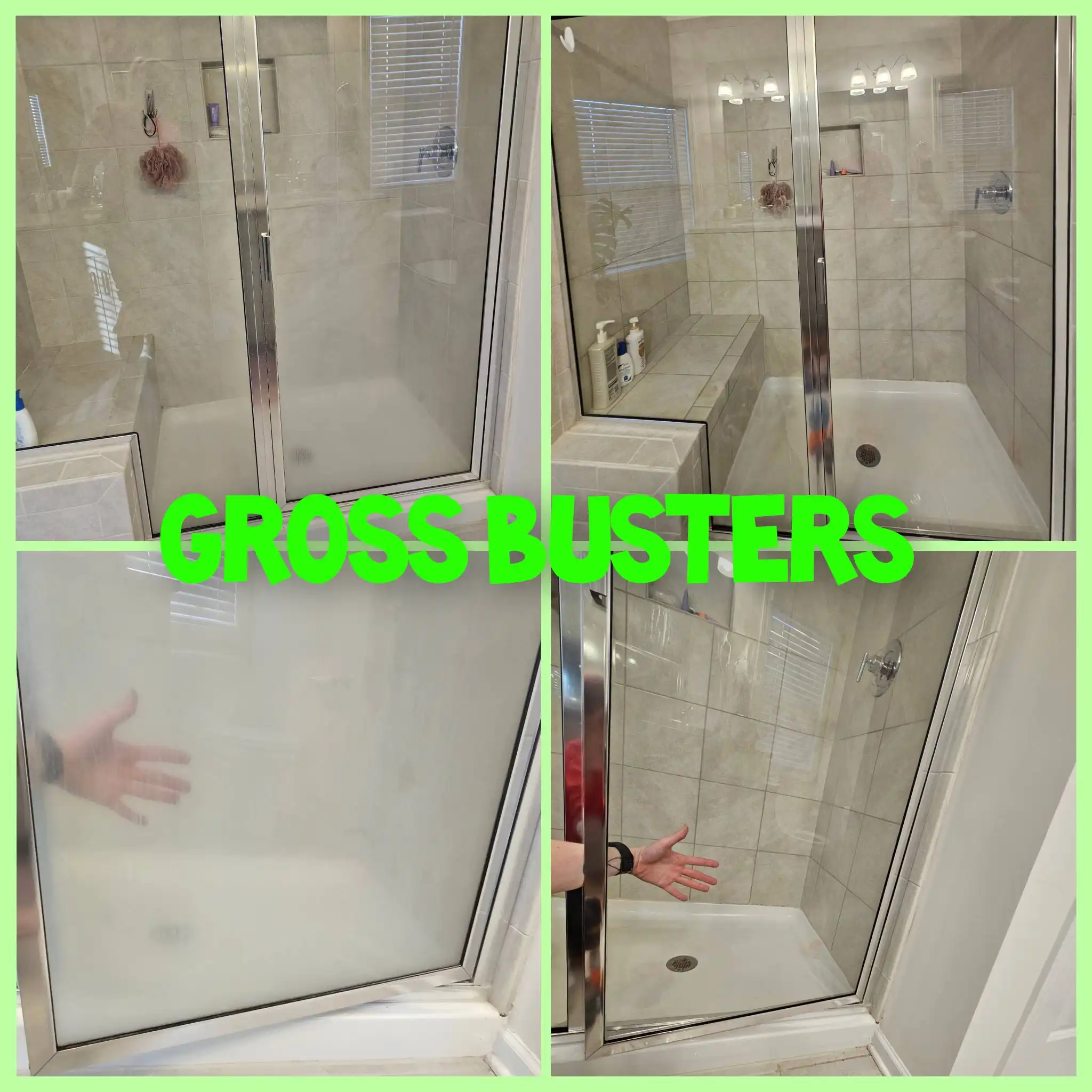 Before and after image of the same unclean and clean shower.