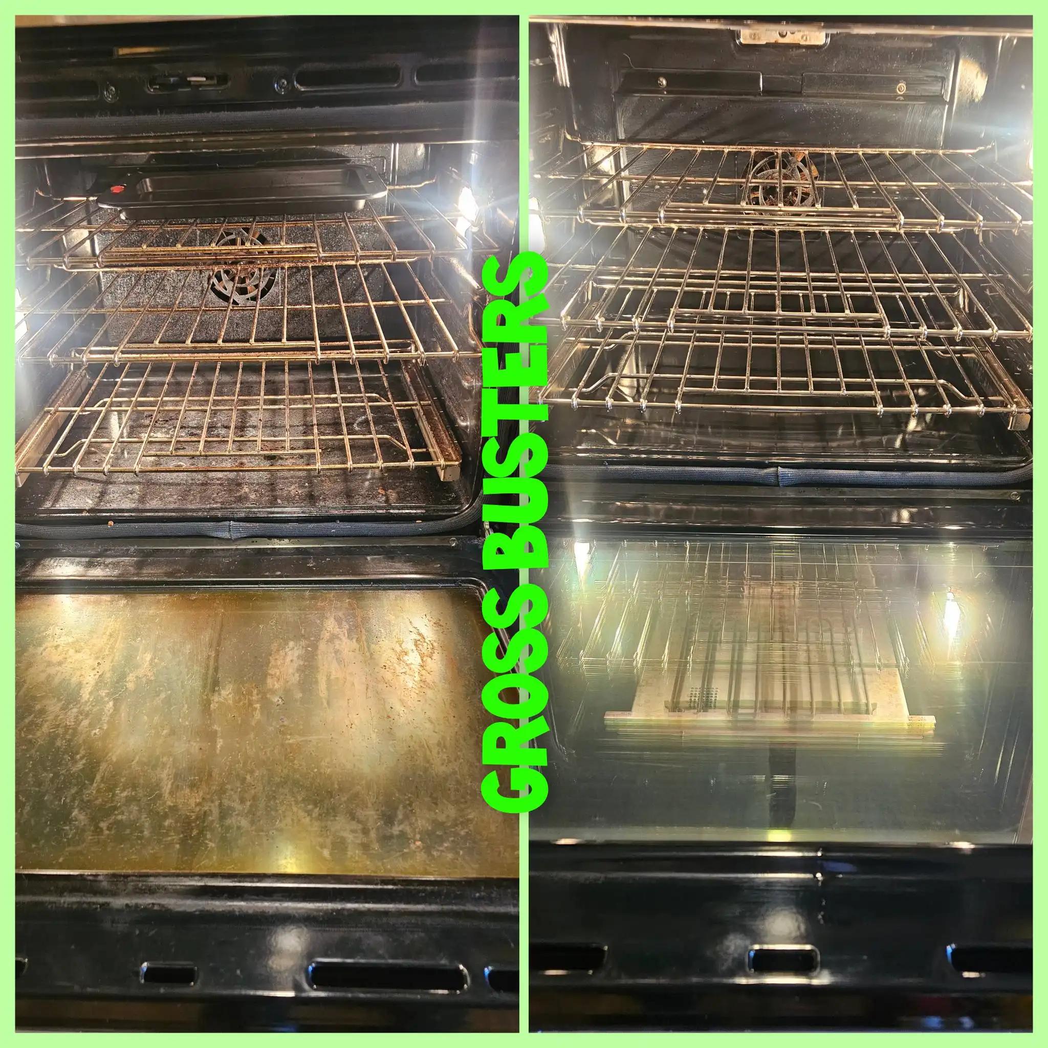 Before and after image of the same unclean and clean black stove interior.