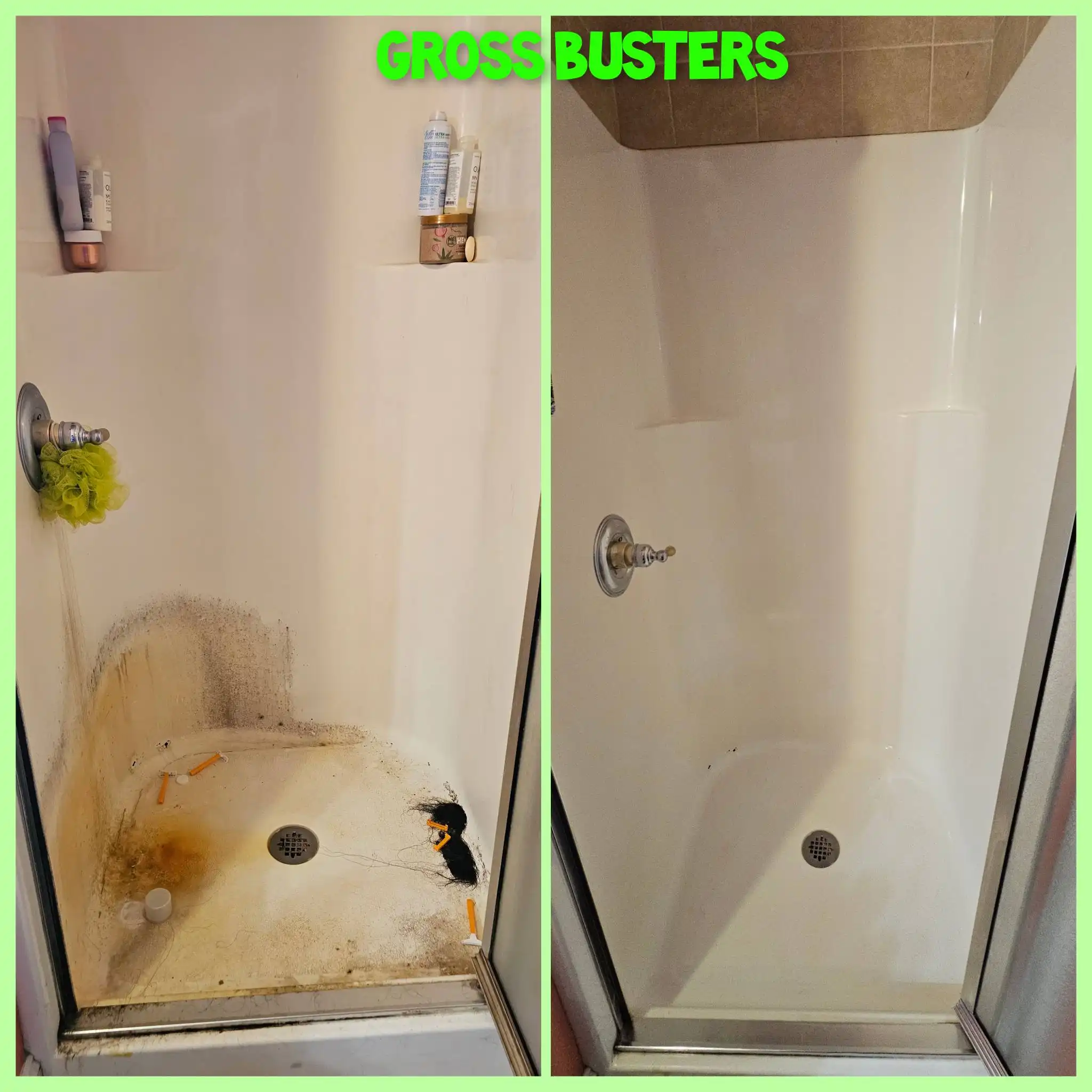 Before and after image of the same unclean and clean shower.