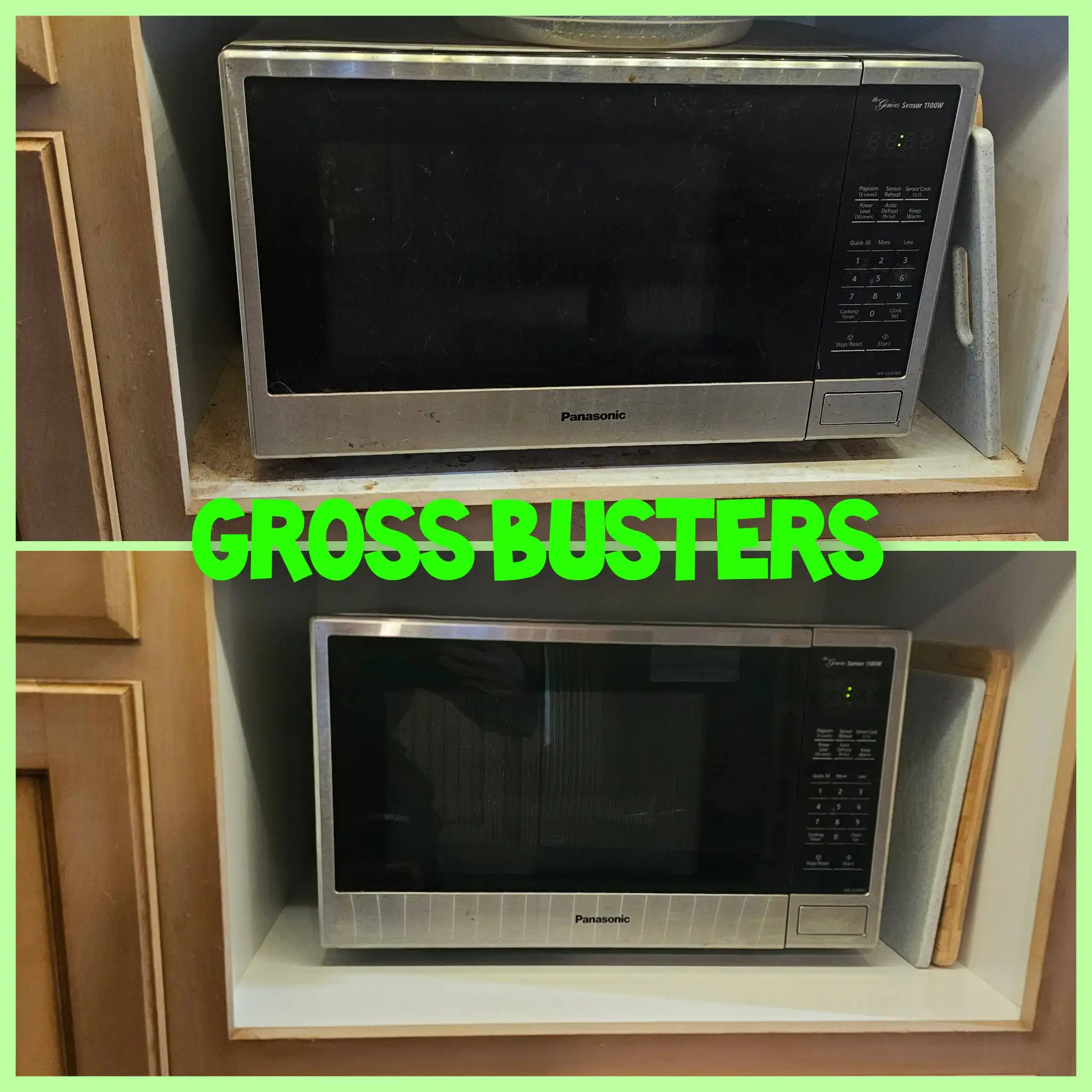 Before and after image of the same unclean and clean closed microwave.