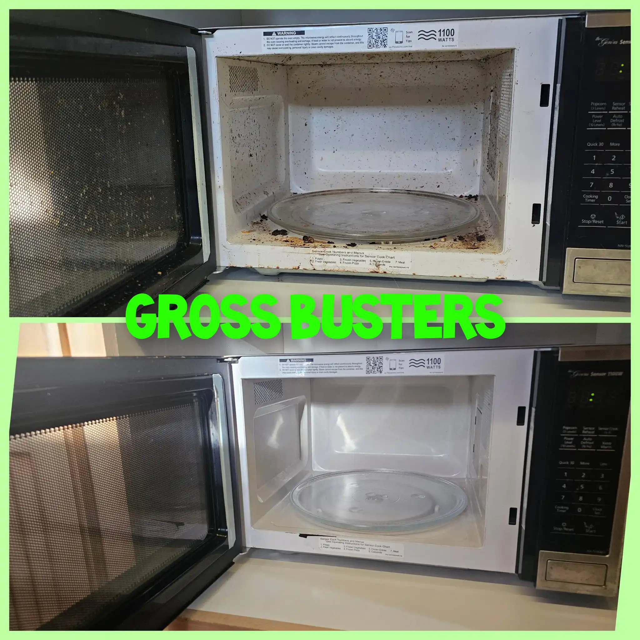 Before and after image of the same unclean and clean microwave.