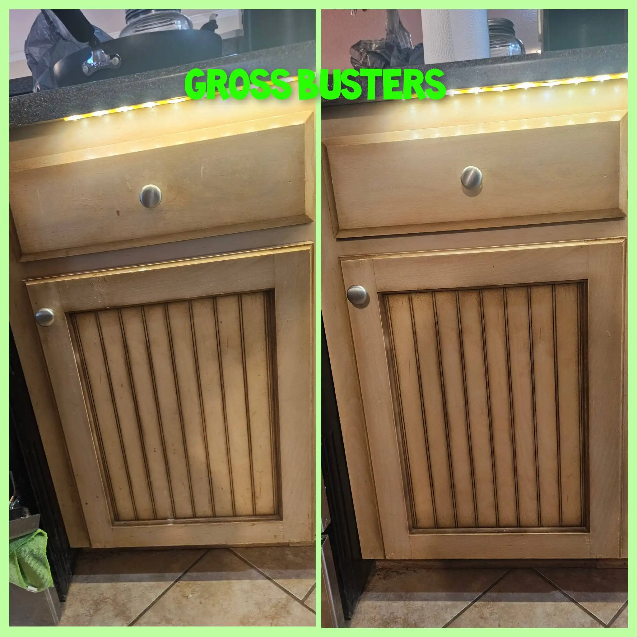 Before and after image of the same unclean and clean white cabinets.