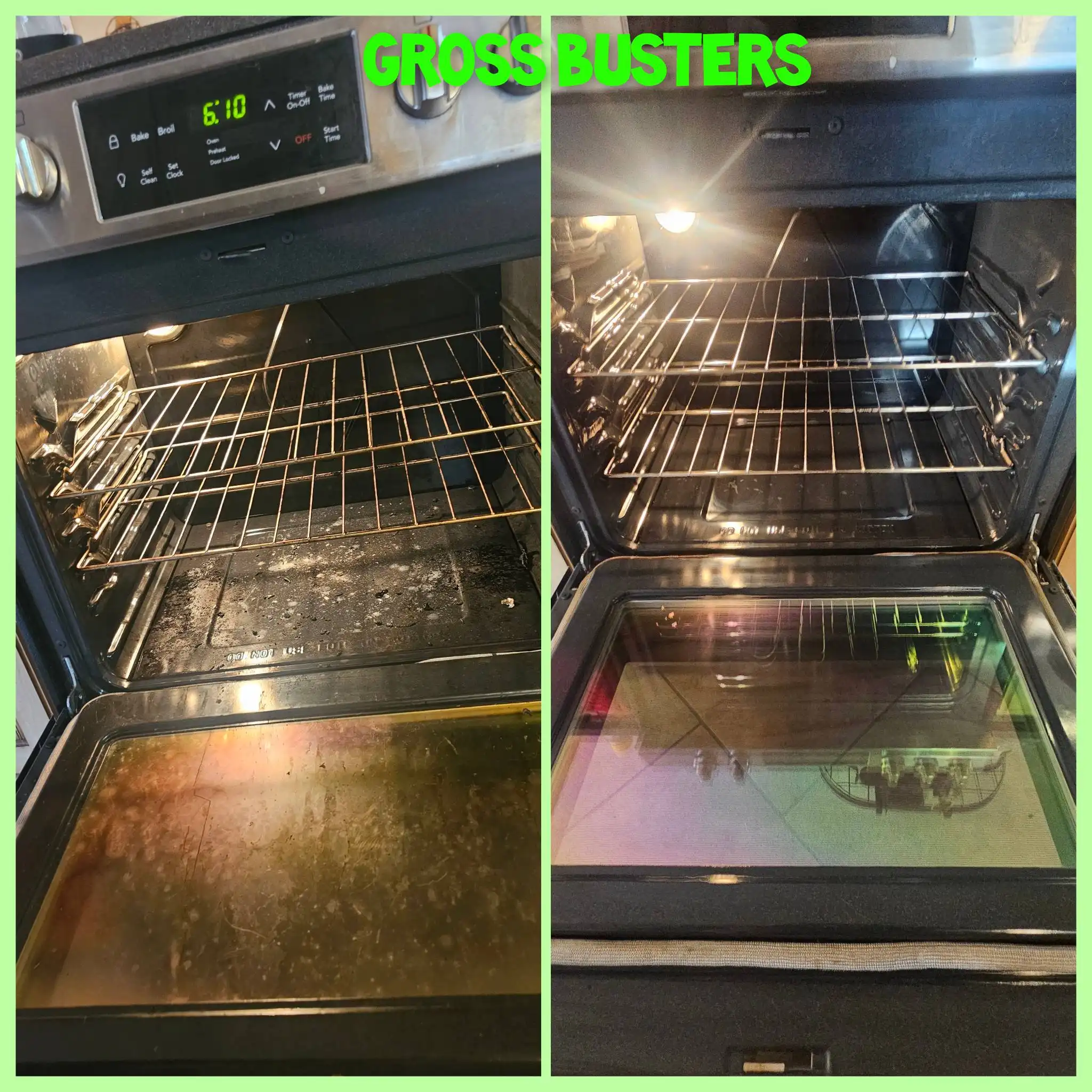Before and after image of the same unclean and clean black stove interior.