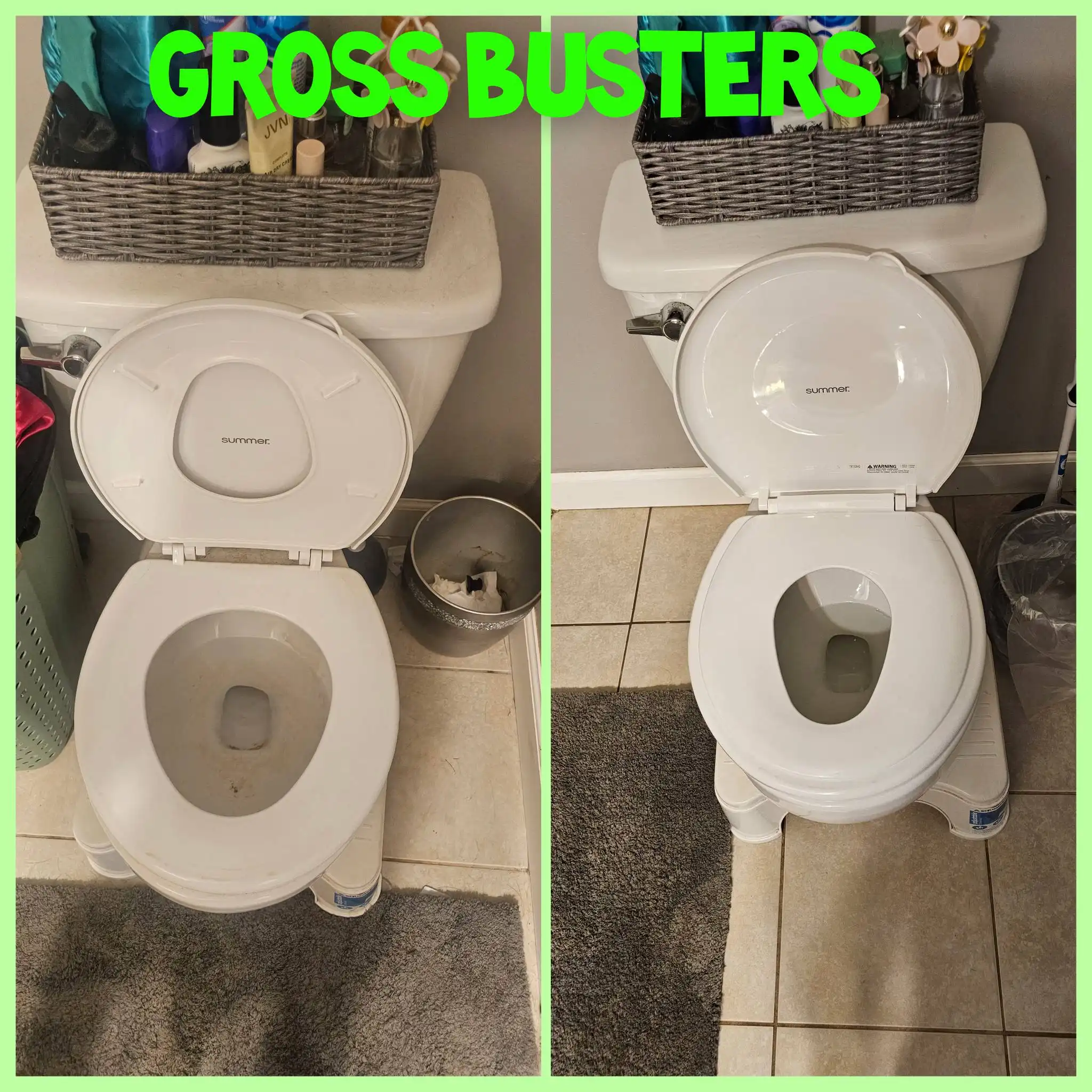 Before and after image of the same unclean and clean bathroom toilet.
