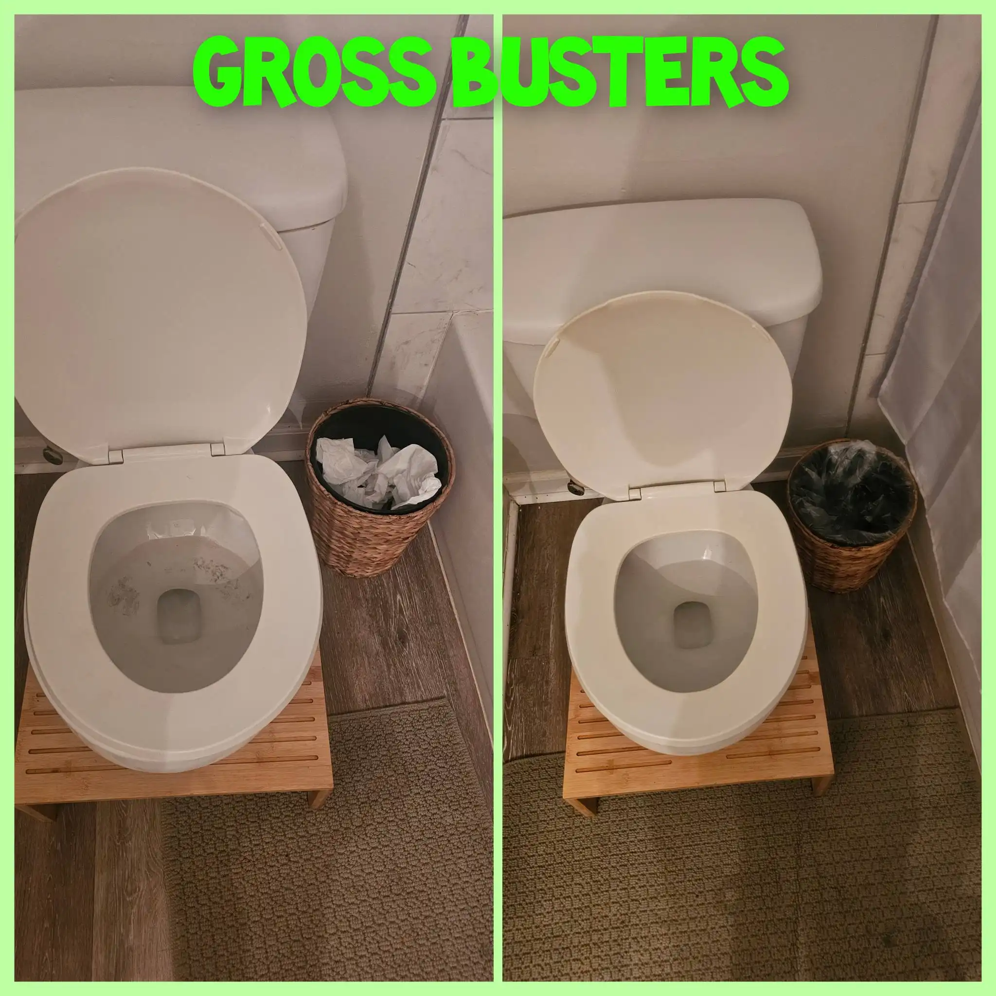 Before and after image of the same unclean and clean bathroom toilet.