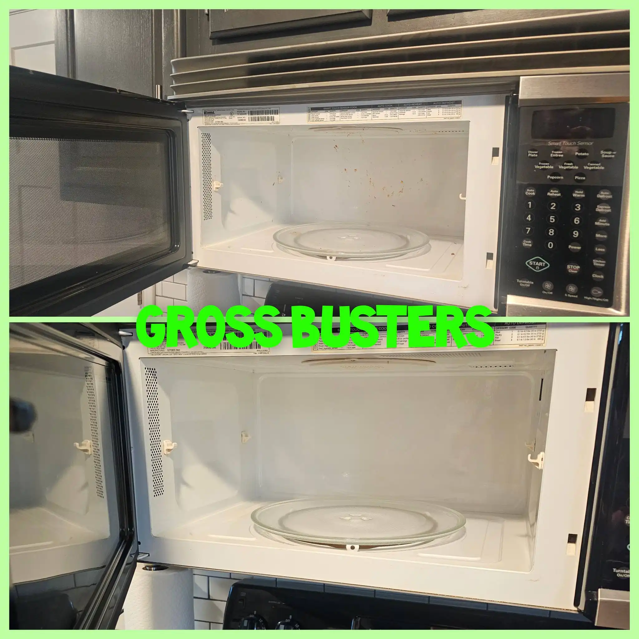 Before and after image of the same unclean and clean microwave.