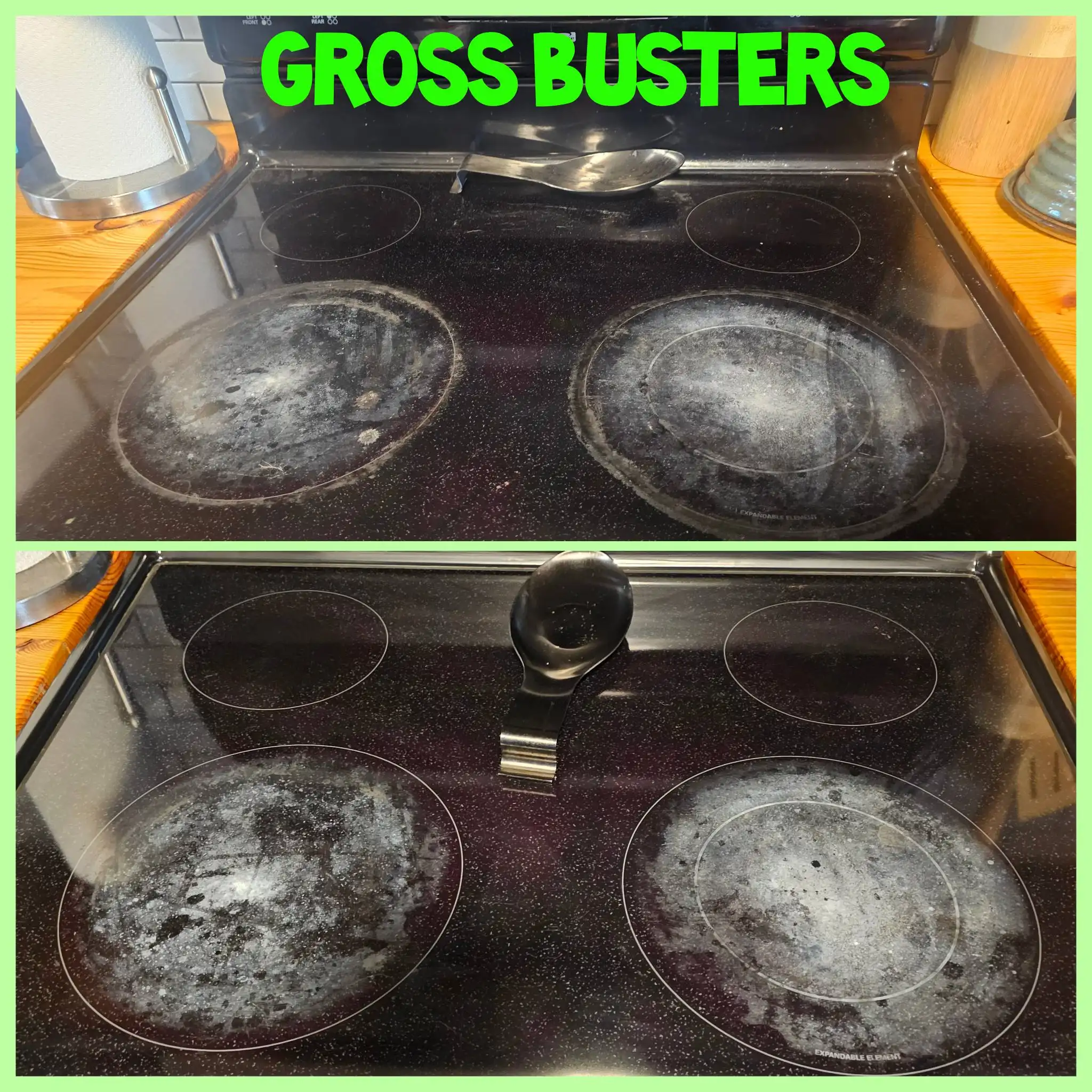 Before and after image of the same unclean and clean black stovetop.
