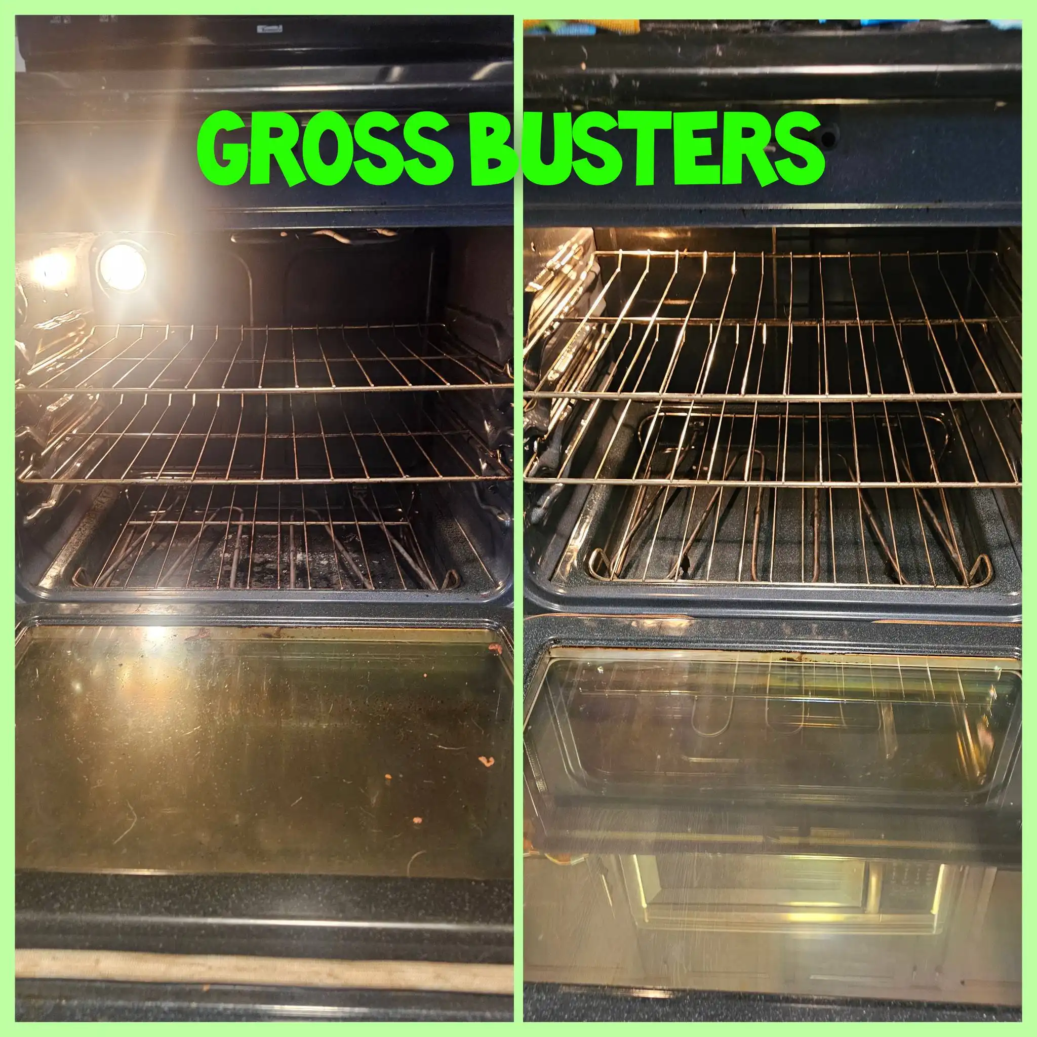 Before and after image of the same unclean and clean black stove interior.
