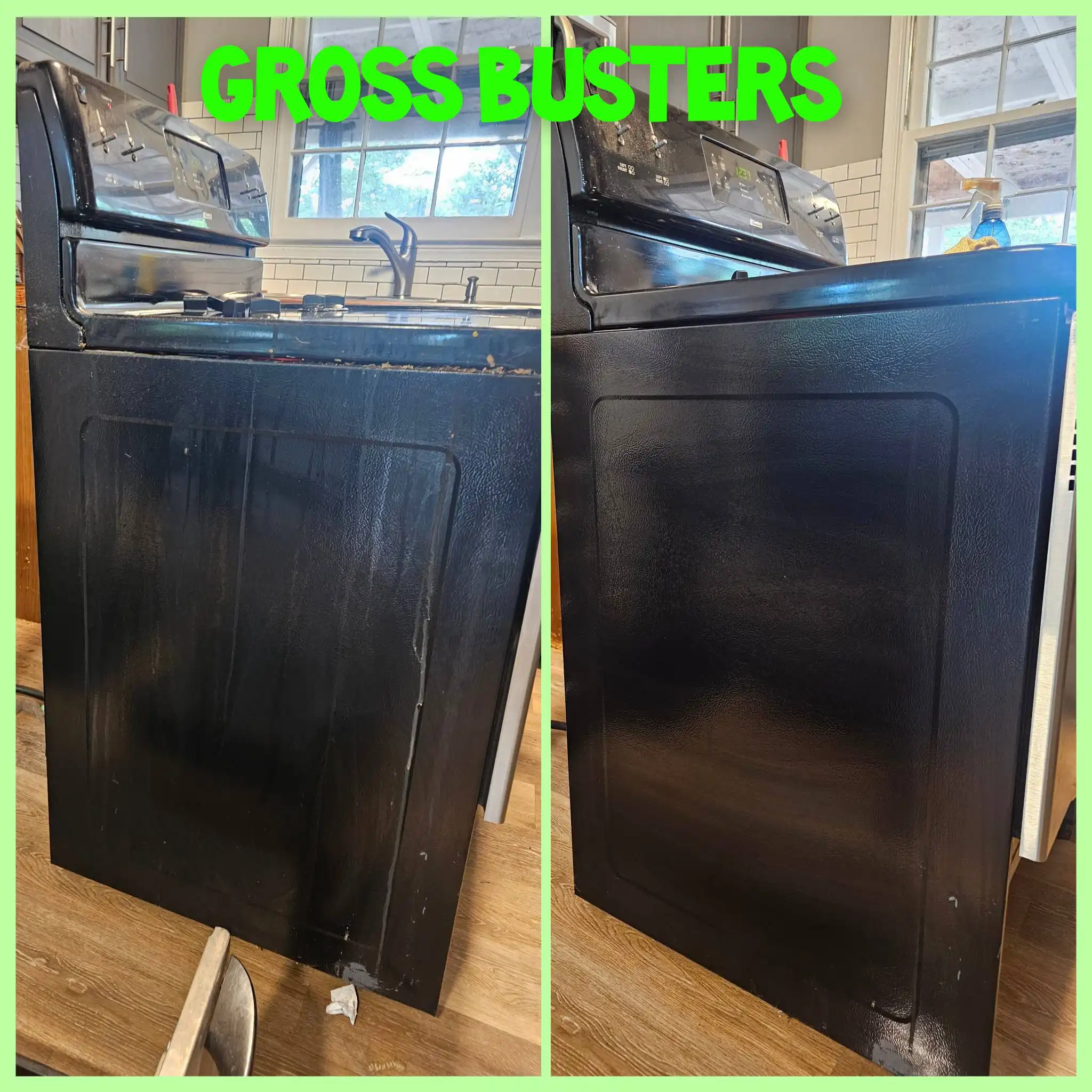 Before and after image of the same unclean and clean black stove.